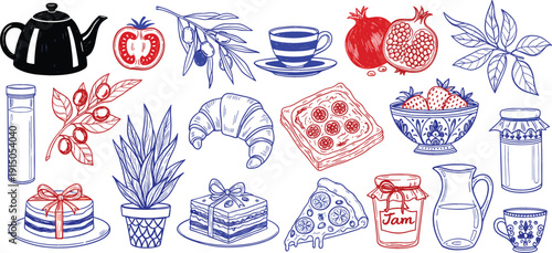 Hand drawn cafe food and drink doodle vector set with coffee tea croissant pizza desserts and kitchen elements for menus branding and packaging designs