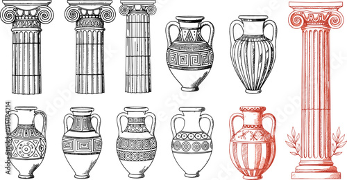 Ancient Greek and Roman columns and amphora vases vector set, classical engraved illustrations for history, architecture, museum posters, branding, and decorative designs