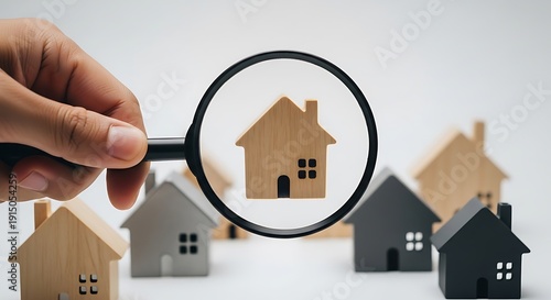 A magnifying glass inspecting a model home among other houses.