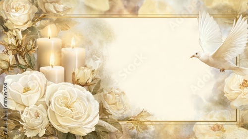 Serene arrangement featuring burning candles, white roses, and a flying dove surrounds a central copy space