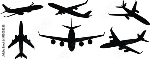 Set of Airplane Silhouettes Featuring Various Passenger Jets in Different Flight Angles Including Takeoff Landing and Top View Vector Icons Isolated on White Background for Travel
