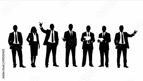 Group of business professionals standing in a line, interacting and presenting in a corporate environment from a frontal viewpoint