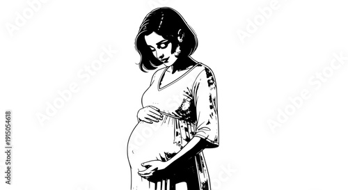 A pregnant woman standing with a gentle smile and hands resting on her belly.