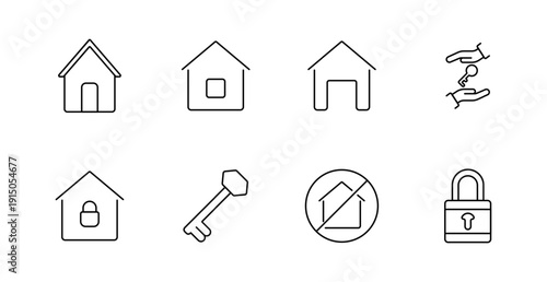Real estate set icon. House, window, garage, hand, key, lock, security, forbidden, access, home, property, buy, sell, rent, safety, privacy, closed, building, ownership, unlock