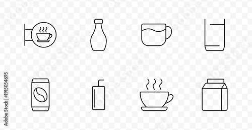 Beverage set icon. Cafe sign, bottle, mug, glass, coffee can, juice pack, hot drink, milk carton outlined in thin strokes on transparent background grid.