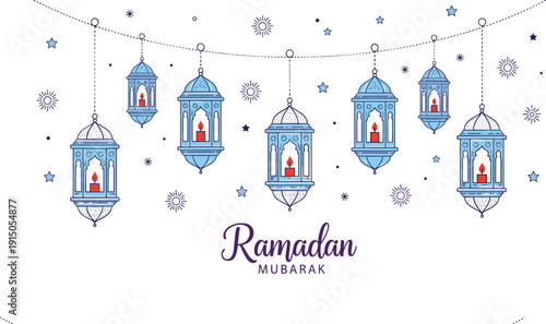 Ramadan Mubarak lantern illustration with hanging Arabic lamps, crescent night sky, Islamic festive decoration for greeting cards, banners and posters