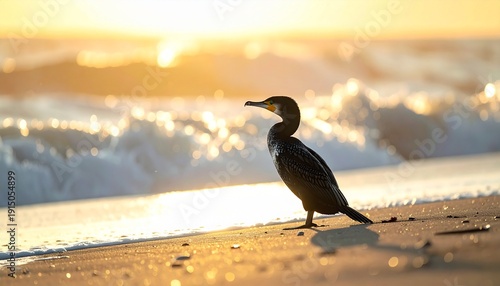 A seagull stands on the sand and looks at the sea