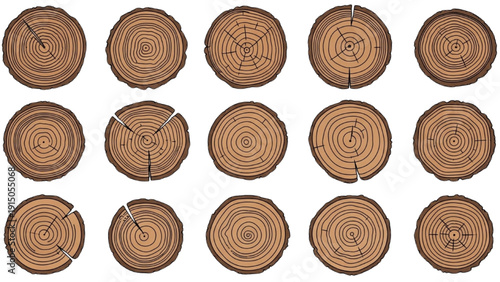 Set of wooden tree trunk cross-sections with various cut marks and rings, illustrations