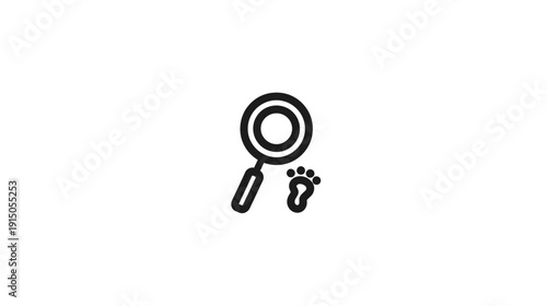 A magnifying glass examines a paw print. Minimalist icon, black and white, simple illustration