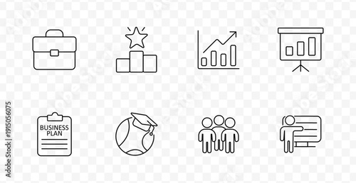 Business and training set icon. Line icons showing briefcase, podium, growth chart, presentation board, business plan clipboard, globe with cap, group, and instructor