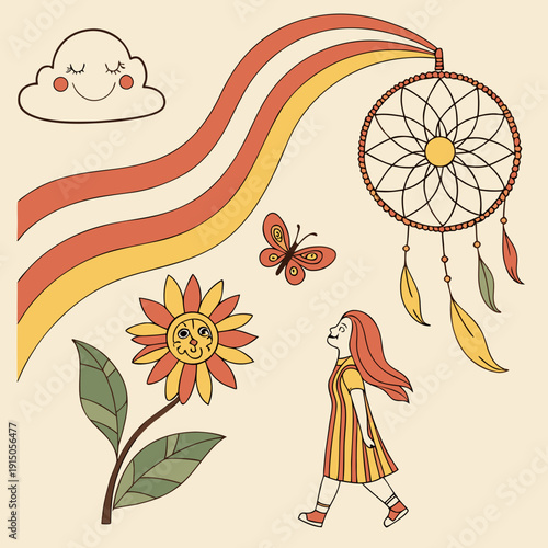 Set of whimsical vintage characters and nature-inspired elements for bohemian poster design. Smiling cloud, butterfly, sunflower, dream catcher, flowing hair girl. Psychedelic retro vector set. 2