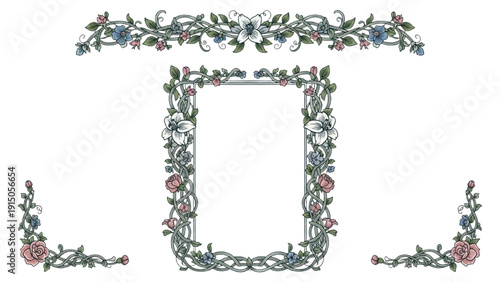 Floral corner decorations and frame border with leaves and flowers illustration