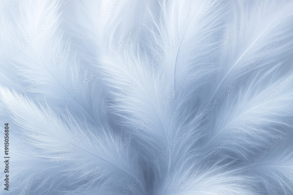 Fototapeta premium Soft white feathers in close-up abstract composition with light blue tones creating delicate and dreamy background impression of softness. Ai generative