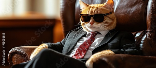 Ginger cat wearing a black suit, red tie, and sunglasses sitting confidently in a classic brown leather armchair.