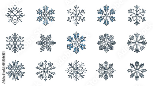 Collection of intricate snowflakes displayed in a grid pattern on a clean white background from a direct viewpoint