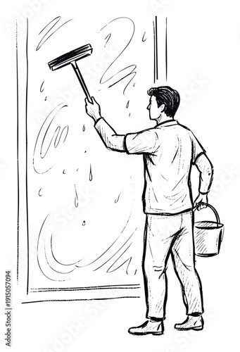 A professional window cleaner diligently works on a large glass pane with a squeegee and bucket, offering efficient service for various business or household maintenance applications.