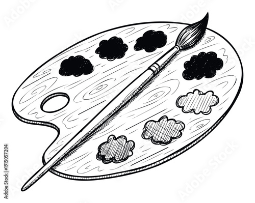Handdrawn painters palette with a paintbrush and various paint blots in a black and white sketch style, suitable for educational materials, craft projects, or graphic design.