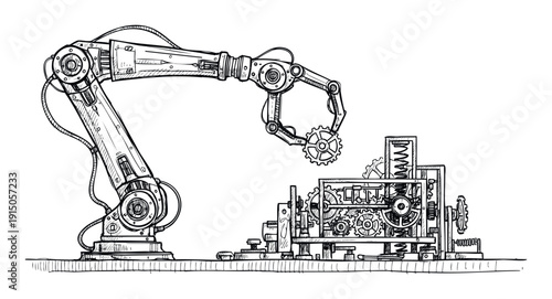 A detailed hand drawn sketch of an industrial robotic arm performing an intricate task by placing a cogwheel into a complex gear mechanism for engineering applications