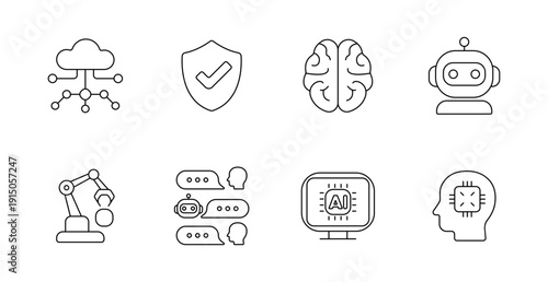 AI technology set icon. Cloud network, shield check, brain, robot face, robotic arm, chat bubbles, AI monitor, head chip drawn in futuristic theme.
