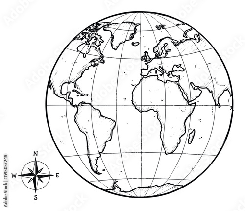 Black and white line drawing of a world globe featuring continents, a grid of latitude and longitude lines, and a compass rose, suitable for educational content and global themes.