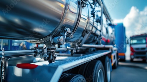 Close-up of a modern stainless steel fuel tanker truck, showcasing its reflective tank and industrial details for commercial liquid transport.