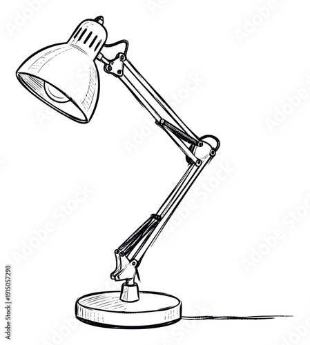 Black and white line drawing of a classic adjustable desk lamp with a round base and power cord for office, study, or reading area lighting equipment concepts