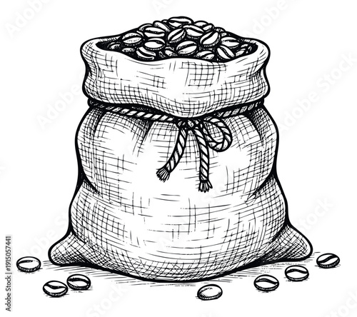 A handdrawn sketch of a burlap sack overflowing with roasted coffee beans, tied with a rope, suitable for menus, packaging, or coffeerelated marketing materials and product displays.