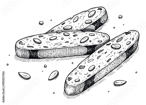 Hand drawn sketch of delicious crunchy biscotti cookies with almonds, perfect for bakery menus, recipe books, or food packaging illustrations.