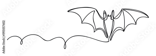 Continuous single line drawing of a stylized flying bat creating a dynamic and flowing silhouette perfect for spooky Halloween promotions or modern graphic design projects