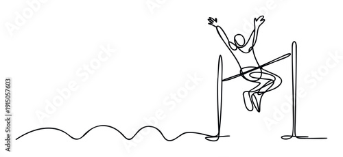 Continuous line drawing of a high jumper successfully clearing the bar symbolizing achievement and overcoming challenges for sports marketing and motivational graphics