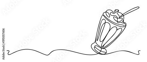 Minimalist one line drawing of a delicious milkshake with whipped cream and a straw, ideal for food blogs, restaurant menus, or dessert shop promotions.