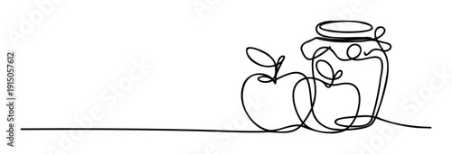 Minimalist continuous line drawing featuring two fresh apples and a homemade jam jar, ideal for food packaging, recipe blogs, healthy eating concepts, or kitchen branding