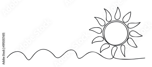 A simple continuous line drawing of a stylized sun with graceful rays and a flowing wavy path, symbolizing warmth and natural movement, perfect for diverse visual applications.