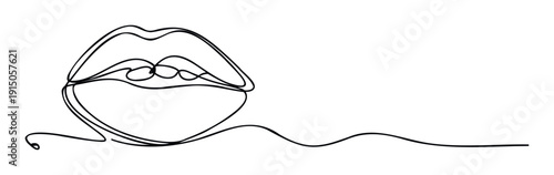 Minimalist one line drawing of a sensual mouth with an expressive flowing line, perfect for modern cosmetics or beauty brand branding and packaging design