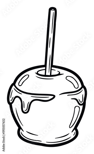 Classic black and white outline drawing of a delicious candy apple, perfect for confectionery menus, dessert advertisements, sweet shop branding, or fun Halloween party invitations.