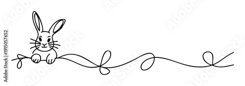 A minimalist linear drawing featuring a cute little bunny rabbit integrated into a continuous flowing wavy line, perfect for holiday greetings, childrens book borders, or playful social