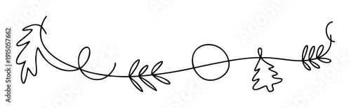 Continuous line drawing of a festive winter garland with a fir branch, foliage, a decorative circle, and a Christmas tree, ideal for seasonal greetings, invitations, and holiday decor