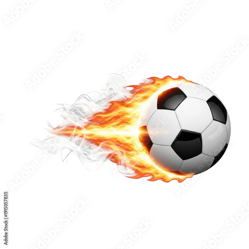 A soccer ball with a trail of fire behind it, symbolizing speed and intensity. isolated on transparent background