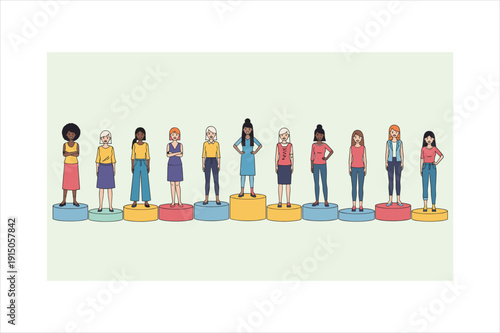 Diverse group of women standing on colorful platforms in a row confidently posing for camera