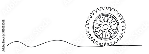Continuous single line drawing of an automotive wheel with a detailed rim and tire tread, symbolizing motion, travel, and vehicle performance for modern transportation projects or mechanic