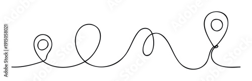 Continuous line journey path connecting two distinct location markers, symbolizing travel routes, navigation, and destination planning for various applications.