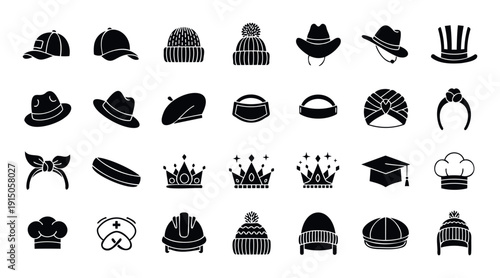 Collection of various headwear accessories and crowns in black silhouette icons suitable for graphic assets, apparel design, or educational material