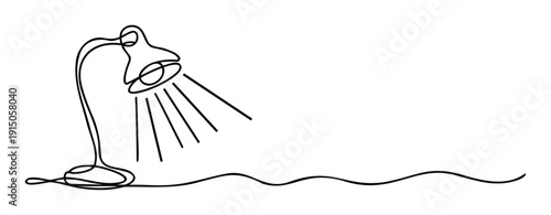 Simple continuous line drawing of a table lamp illuminating a surface, conveying concepts of ideas, study, and learning for educational or business presentations