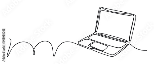 Minimalist one line drawing of an open laptop representing online education, remote work, or business technology solutions for various digital media projects.