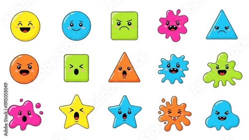 Collection of diverse cartoon shapes and emotive faces displayed together in a grid layout on a plain surface from a direct viewpoint