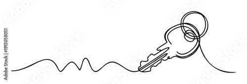 Continuous single line drawing of a modern key with a keyring, flowing into an abstract wavy line, perfect for symbolizing solutions, access, or security in business and lifestyle