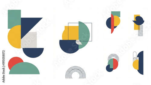 Geometric shapes composition with abstract forms and vibrant colors in a modern minimalist design