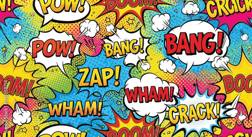 Vibrant comic book explosion sound effects bursting with energy and creativity