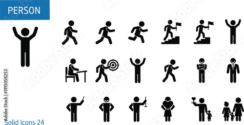 Flat vector illustration of person icons, human activity symbols, emotional poses, lifestyle graphics, silhouette actions, communication and relationship designs