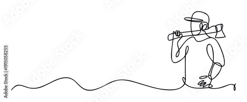 Single line drawing of a woodcutter carrying an axe over their shoulder, ideal for conveying themes of forestry, manual labor, wilderness, or rustic home improvement projects.